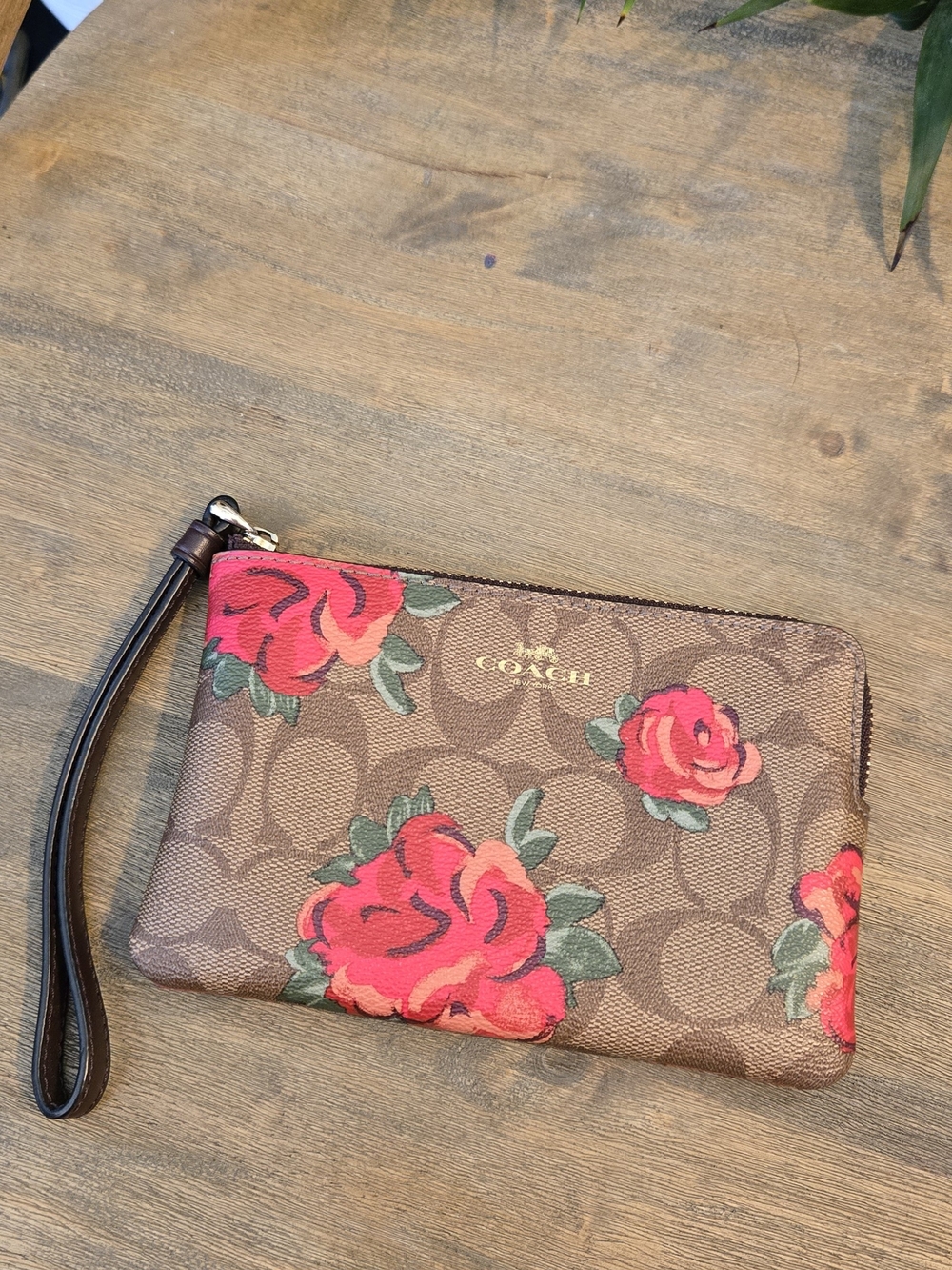 COACH Floral Signature Wristlet Pouch in Brown with Red Roses
